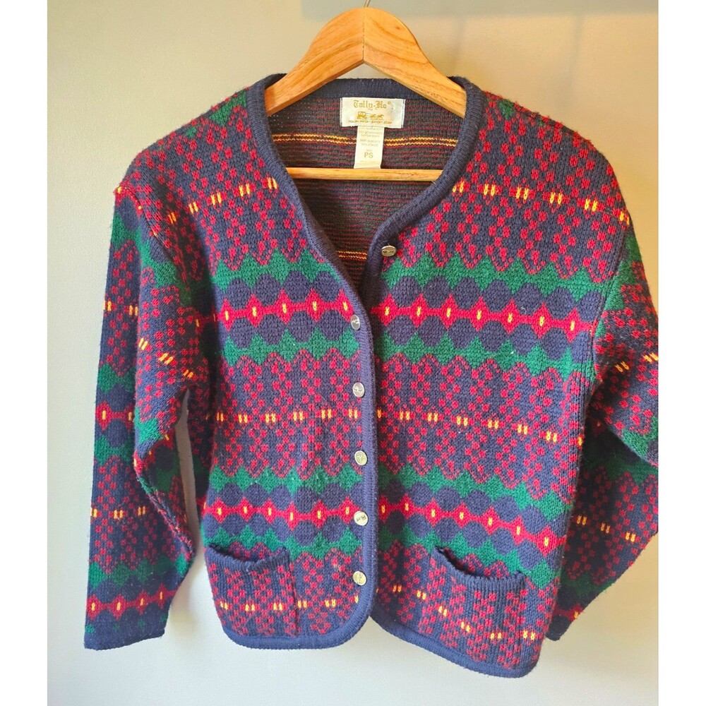 Tally-Ho Cardigan Sweater Womens Petite PS Knit Acrylic V-Neck Button Pockets